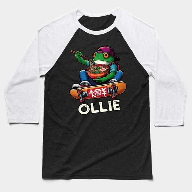 Frog Skateboarder With Ramen, Ollie Skateboard Baseball T-Shirt by MoDesigns22 